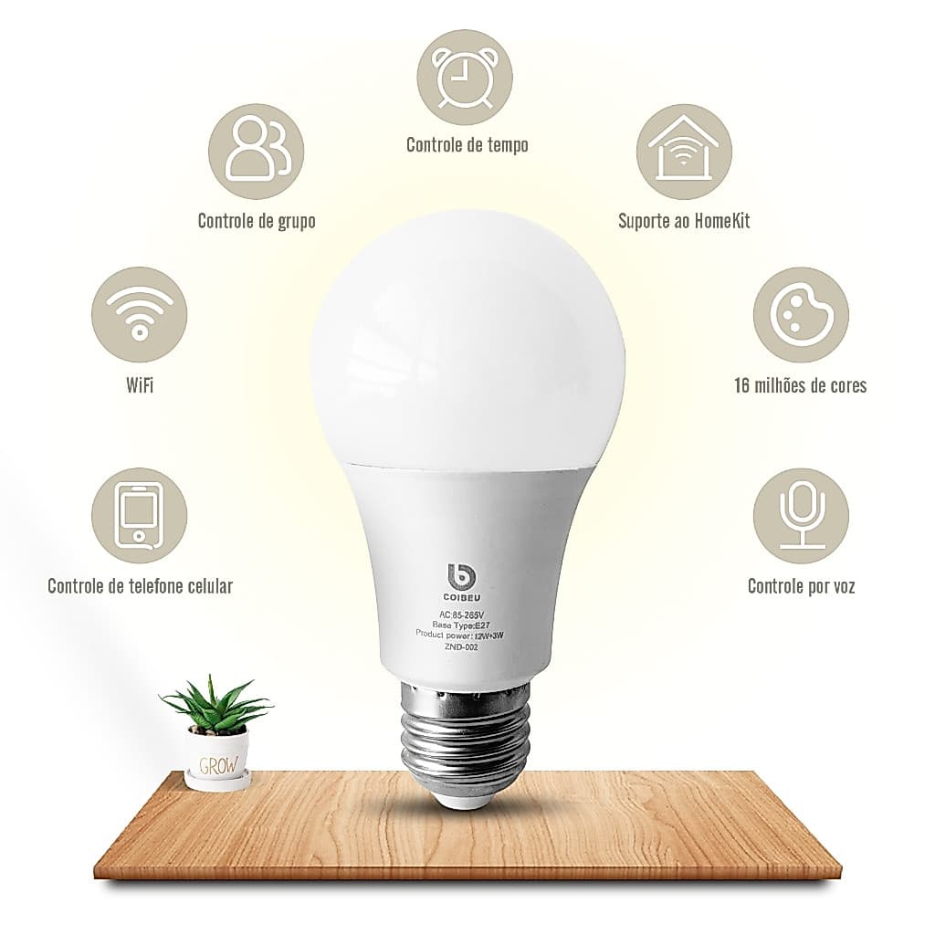 Lâmpada Inteligente RGB E27 WiFi, Regulável de Brilho e Cor, Controle por Voz, Timer, Luz Quente/Fria para Casa Festa