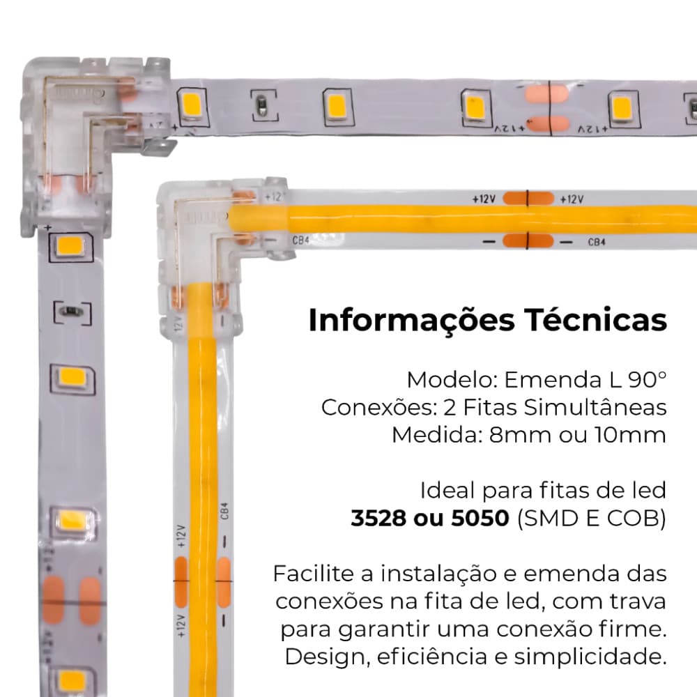 Kit 20pcs ou 30pcs Conector Emenda para Fita LED 8 ou 10mm 12V | Reto, L Fácil Instalação, Sem Solda!