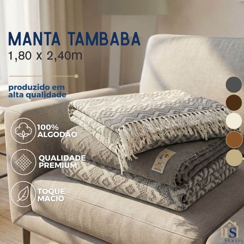 Manta Tambaba 100% Algodão Para Sofá 1,80x2,40m Toque Macio Premium