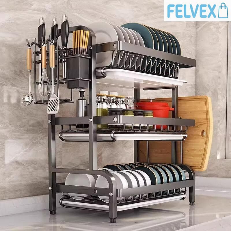[FEL] Organizador de Pratos de Cozinha 3 Camadas - Escorredor de Louças Multifuncional