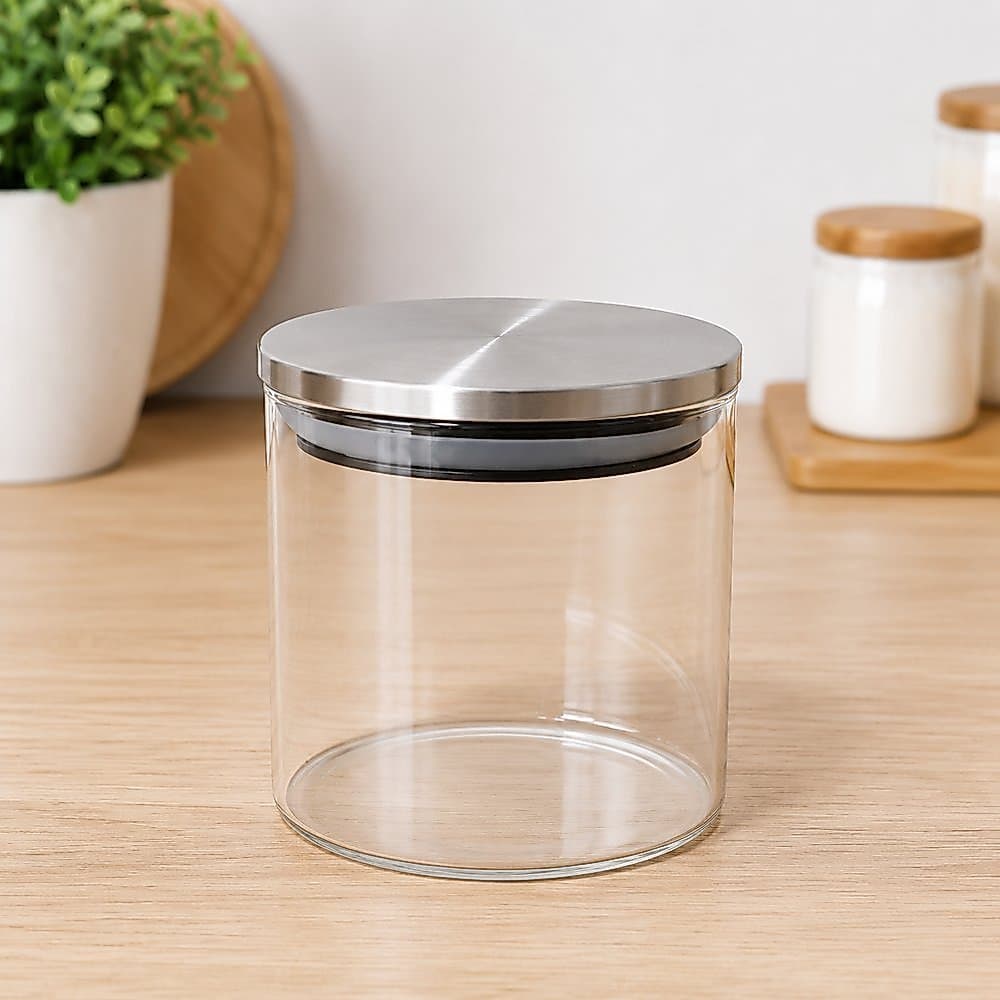Pote de Vidro 700ml com Tampa Inox Hermética para Café Grãos Temperos e Mantimentos Redondo Organizador de Alimentos