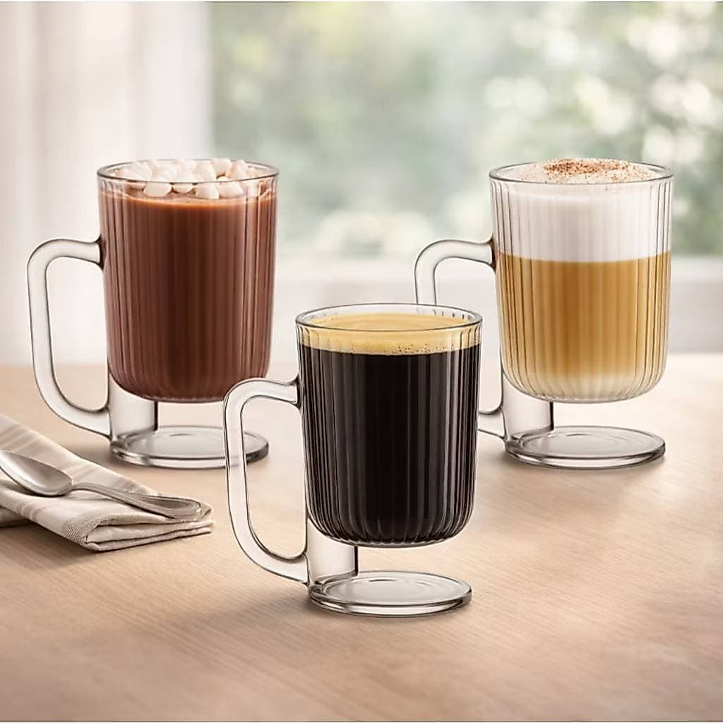Conjunto Jogo de 3 Canecas Com Pé 220ml Savor City Glass Transparente Canelado Café Xícara Premium Chá