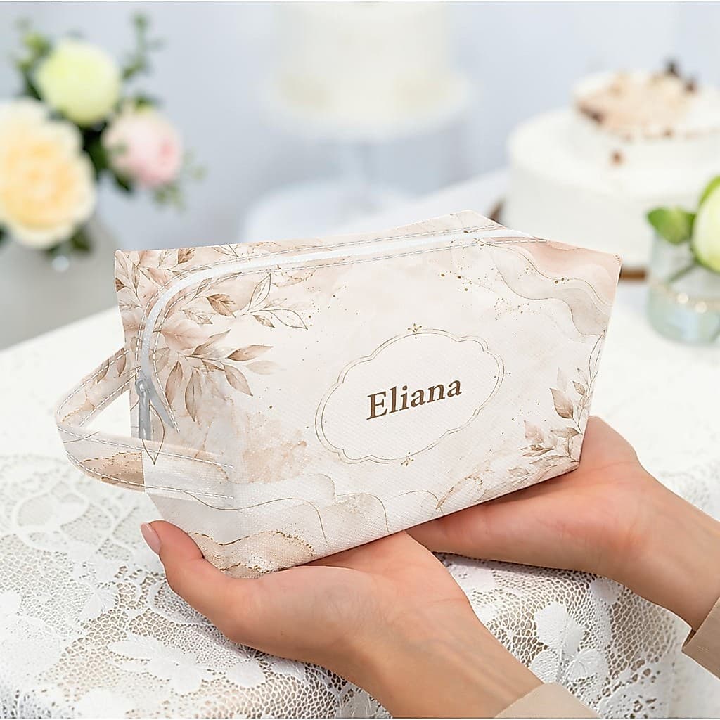 Necessaire Personalizada Com Nome Estampa Floral Bege Delicada Porta Maquiagem Bolsa Viagem Presente Feminino Elegante