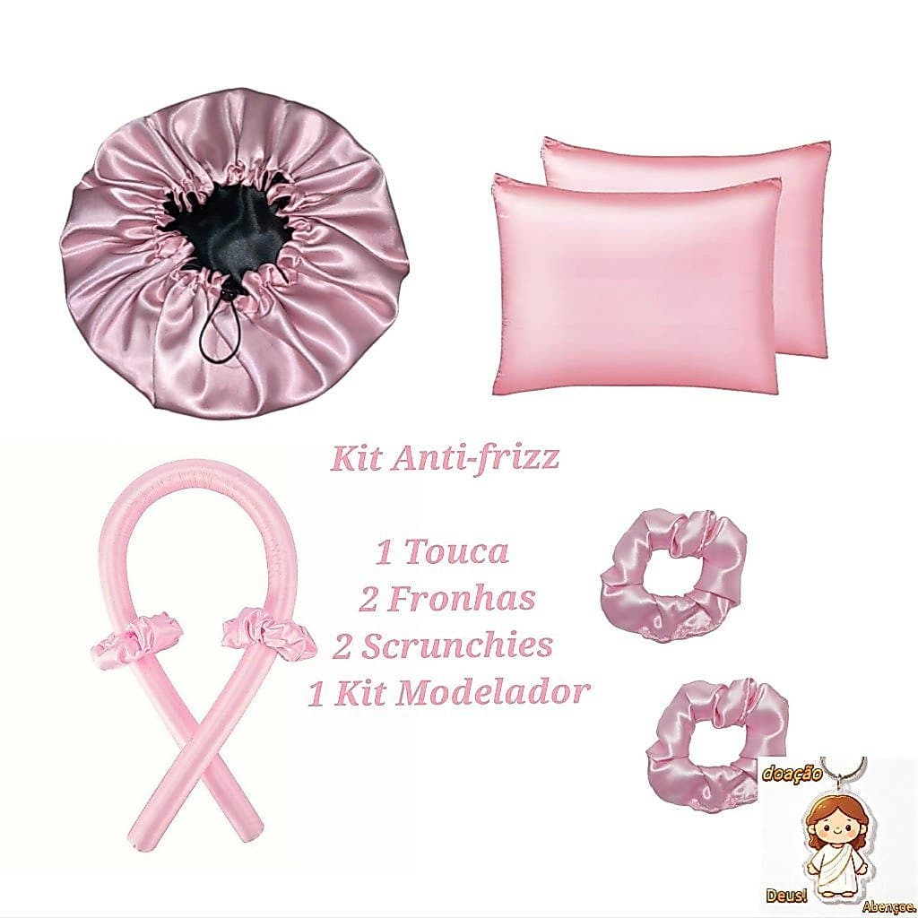 Kit Anti Frizz 2 Fronhas 1 Touca 1 kit Modelador de cachos 2 Scrunchioes