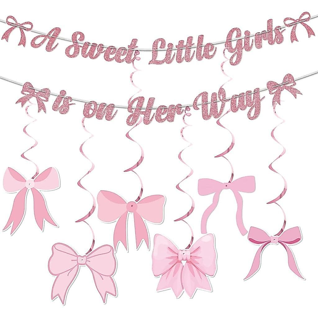 A Sweet Little Girl is on Her Way Banner Rose Gold Glitter, Pink Bow Baby Shower Decorations, Baby Girl Banner, Coquette