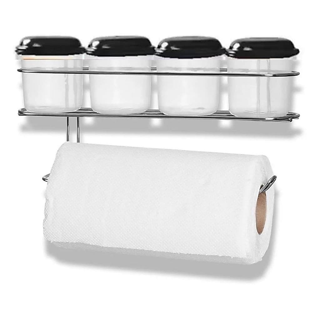 Porta Condimento Tempero Com Tampa Preta E Suporte Papel Toalha De Parede N318