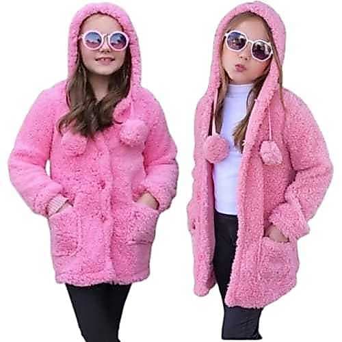 Casaco Infantil Menina Teddy com Capuz e Pompons – Inverno Quentinho Frio (Tamanhos 2 ao 16)