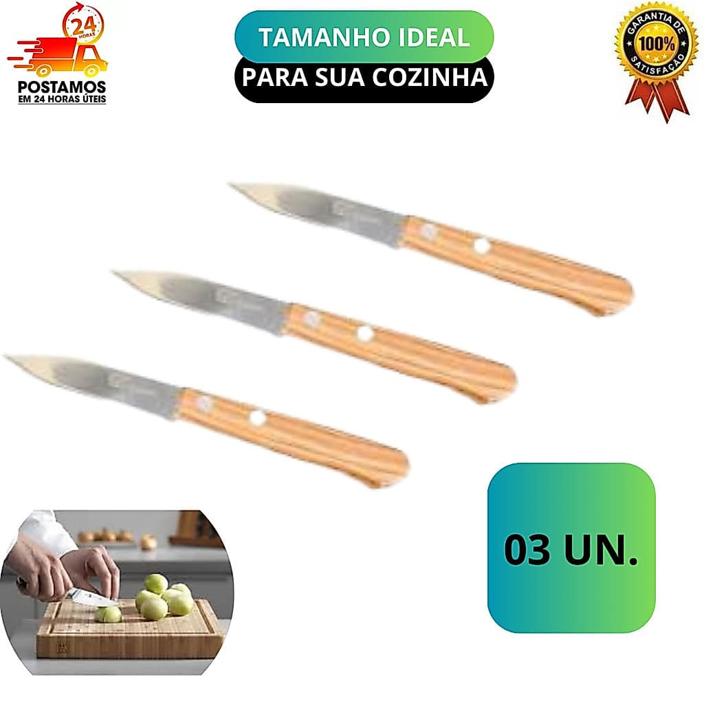 kit 3 Facas de Cozinha Aço Inox Cabo de Madeira 3" Carne Salada Legumes Churrasco