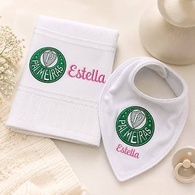 Kit Bebê Personalizado com Nome e Time | Toalha Bordada + Babador Bandana | Presente Maternidade
