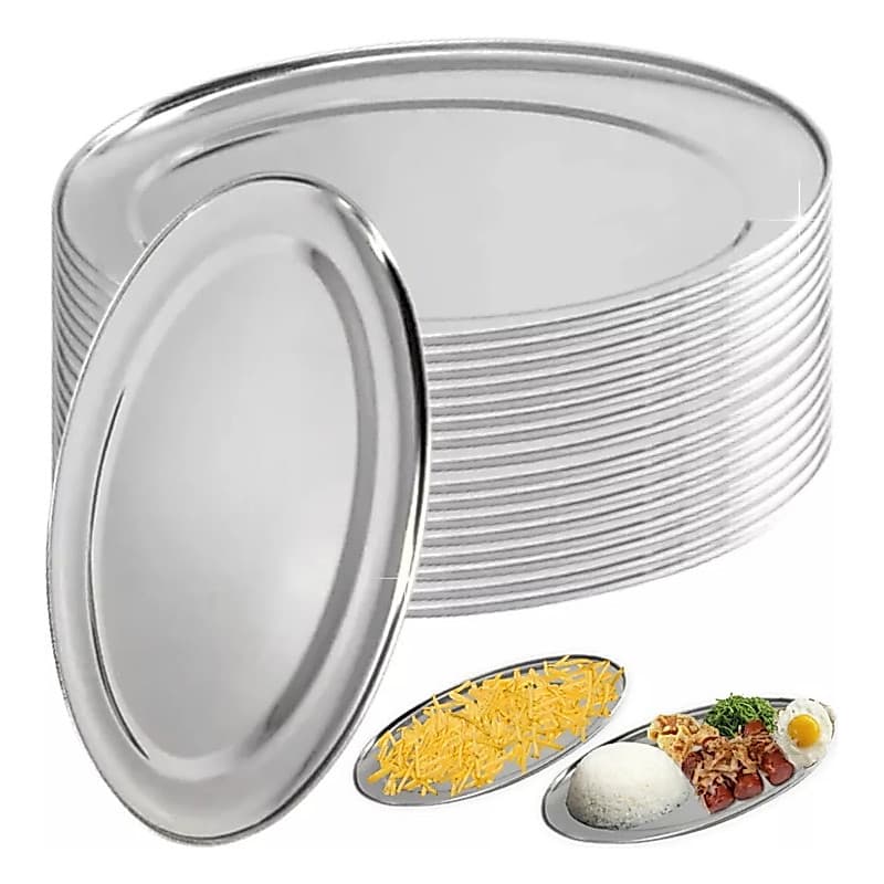 Kit 5 bandeja travessas aço inox 22, 25, 30, 35 cm oval para servir porções batata salada