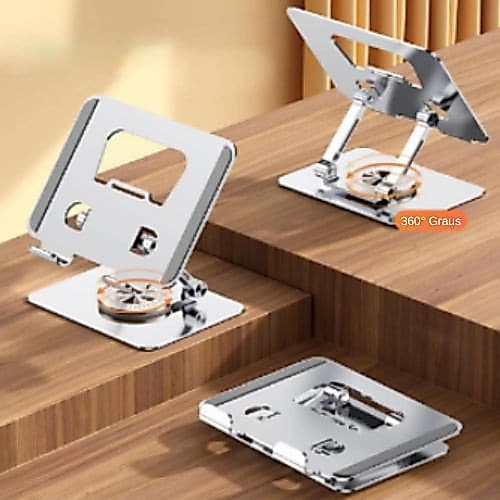 Suporte Tablet iPad Inox Total de Mesa Base Rotatória Ajustável Dobrável 360º Para Tablets Mac