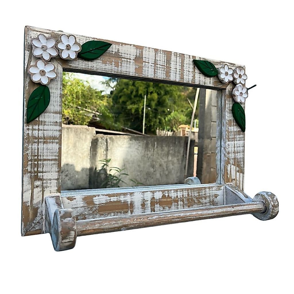 Porta Toalha com Espelho em Madeira e flores Artesanal, rústico, moldura, colonial, toalha, pátina, enfeite, decoração