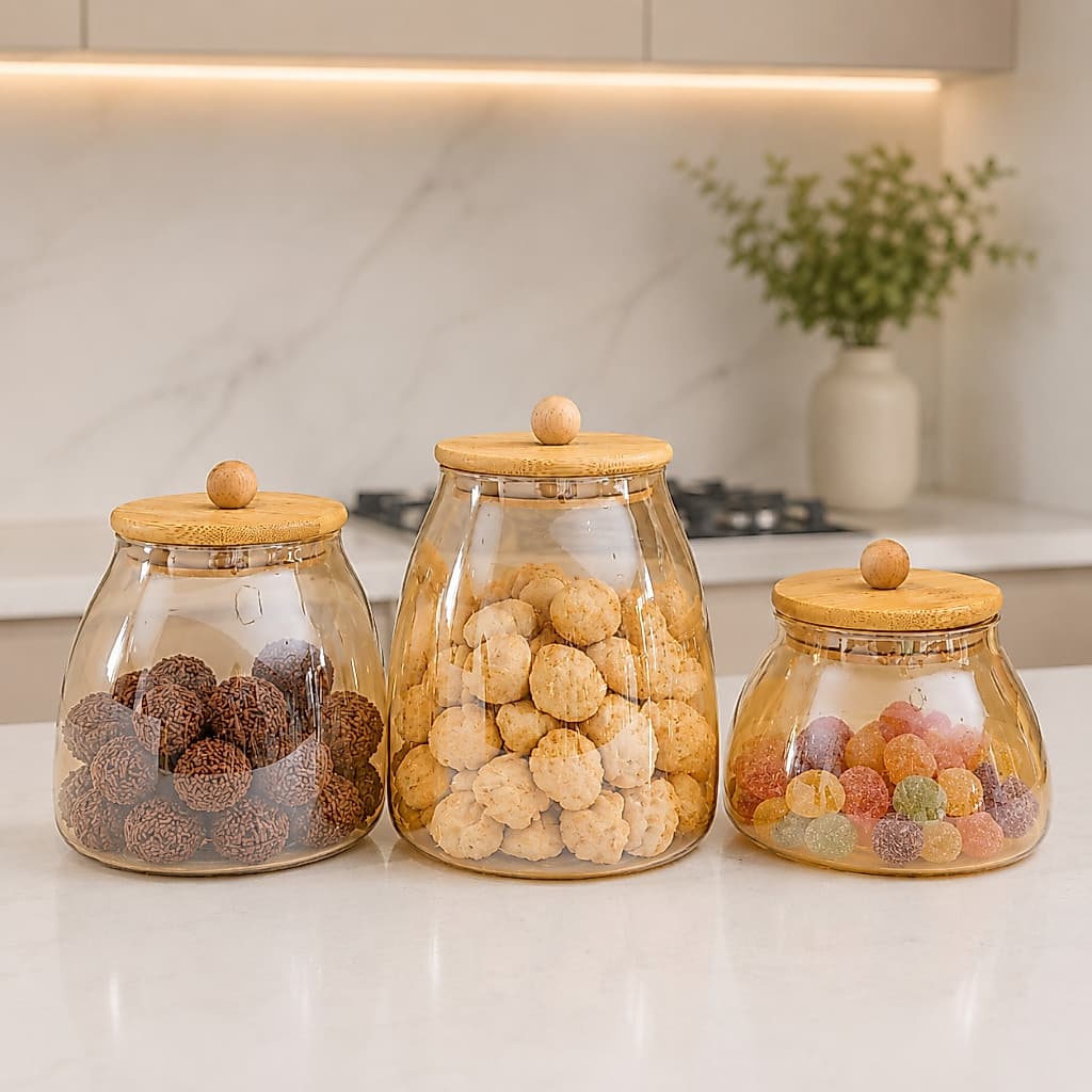 Potes de Vidro Borossilicato Hermético ÂMBAR BOLINHA com Tampa de Bambu para Temperos Armazenamento de Alimentos cozinha