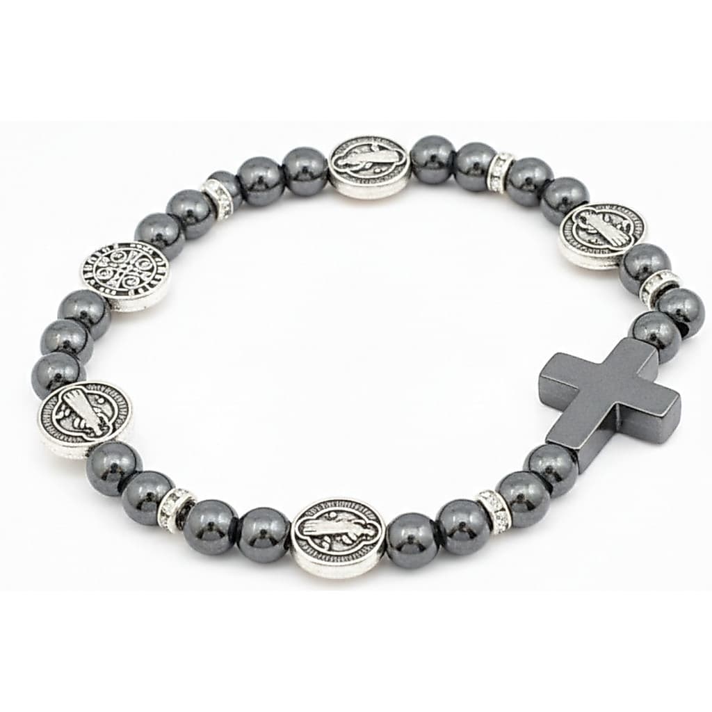 Pulseira Hematita Medalha São Bento Cruz Aço Inoxidável