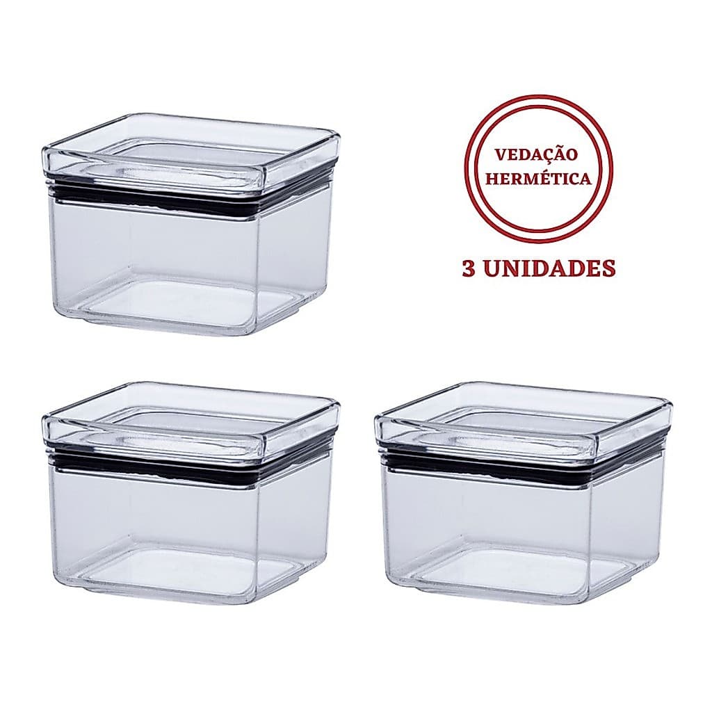 Kit 3 Potes Herméticos Paramount Lumini 480ml Tampa Empilhável Multiúso