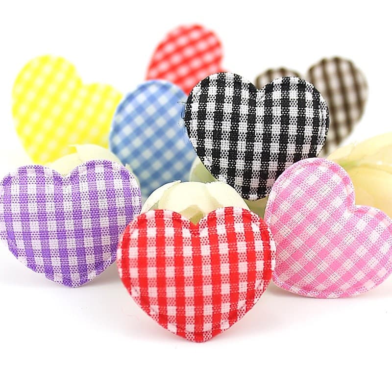 70 Peças 2.5 * 3cm Tecido Xadrez Fofo Apliques De Coração Para Acessórios De Decoração De Grampo De Cabelo DIY