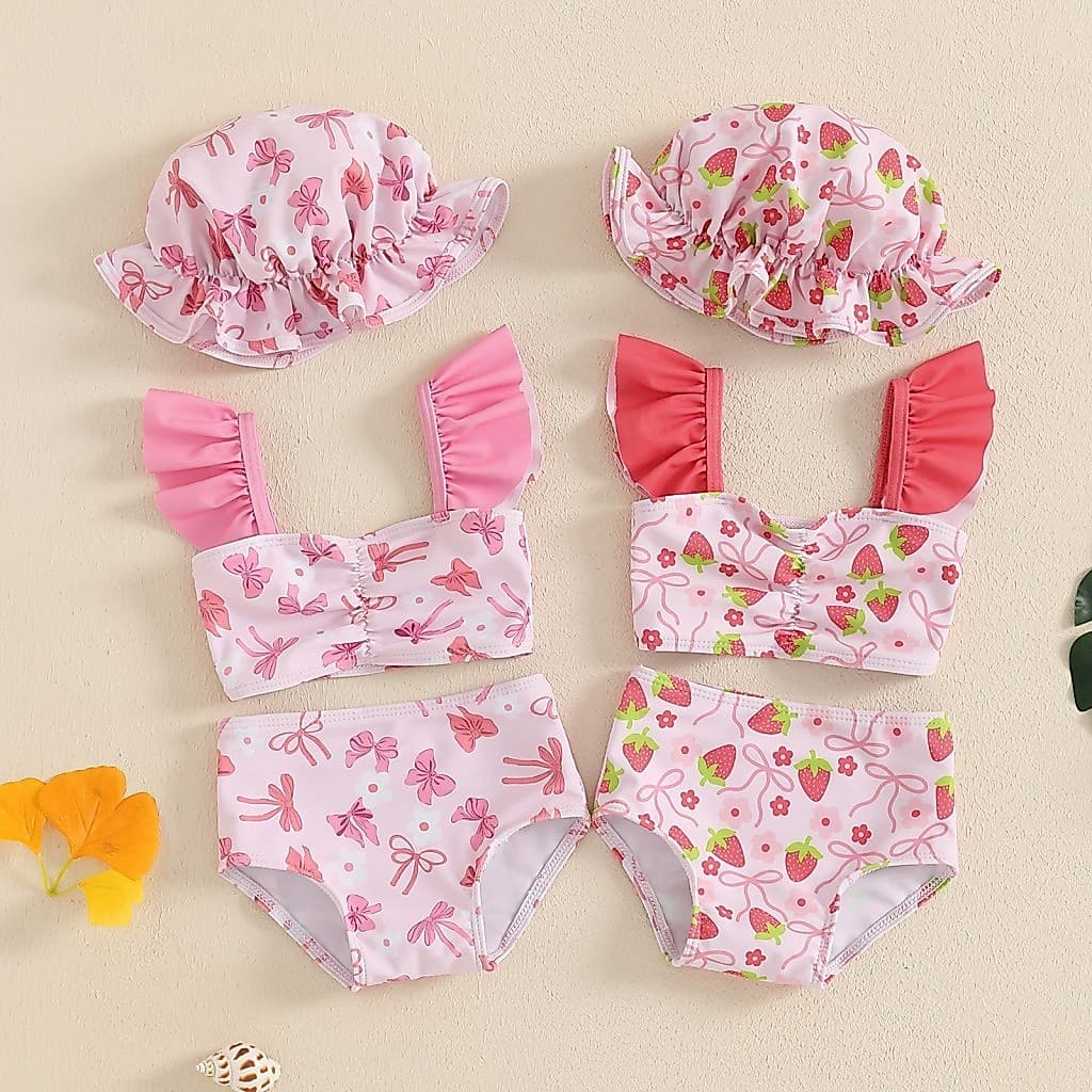 Conjunto De Biquíni Infantil Feminino Com Estampa De Laço/Morango E Shorts Chapéu