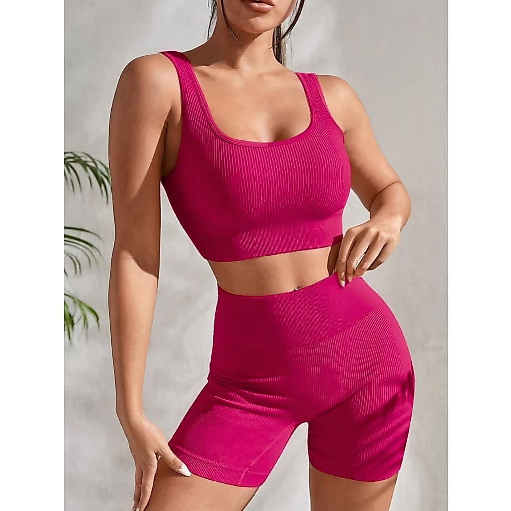 Conjunto Fitness Feminino Short Canelado Sem Costura com Top Bojo Removível Academia Treino Yoga