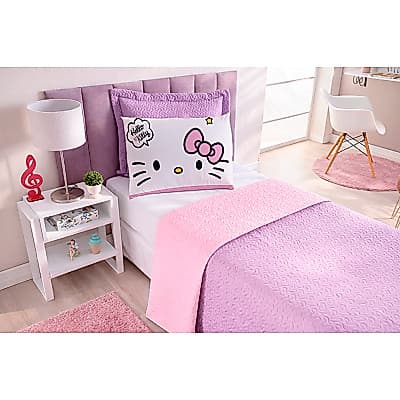 KIT COBRE LEITO DUPLA FACE INFANTIL MATELADO HELLO KITTY  ROSA PINK LILAS 3 PEÇAS