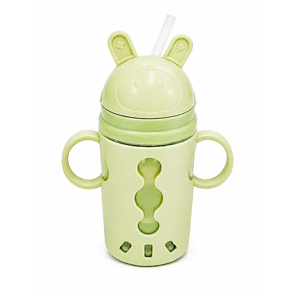 Copo Infantil 300ml Com Canudo De Silicone E Alças Rosa
