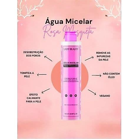 Água Micelar Lady Beauty Rosa Mosqueta Demaquilante Hidratação Profunda 310ml