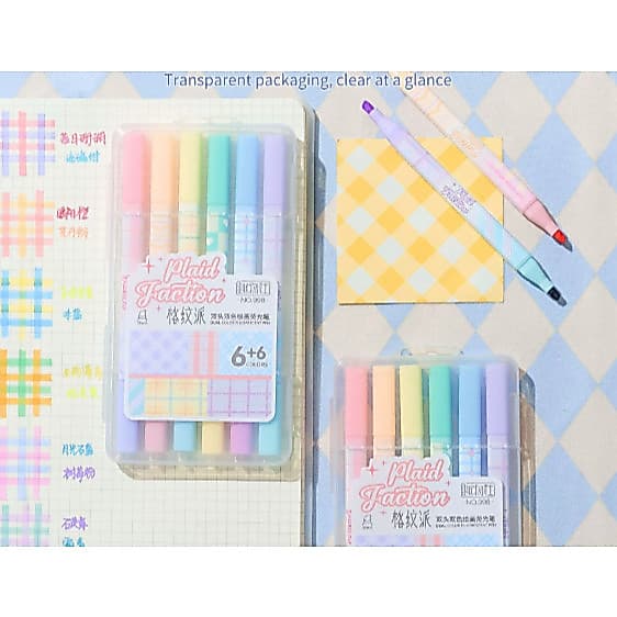 Caneta Marca Texto Bicolor Kit 6 Cores 12 Tons Pastéis e Vibrantes Ponta Dupla Ideal Para Escola/Estudos/Resumos/Planner