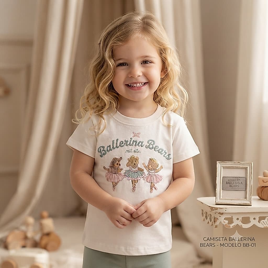 Camiseta Infantil Ballerina Bears Menina Manga Curta Algodão Estampa Fofa Casual Confortável Premium