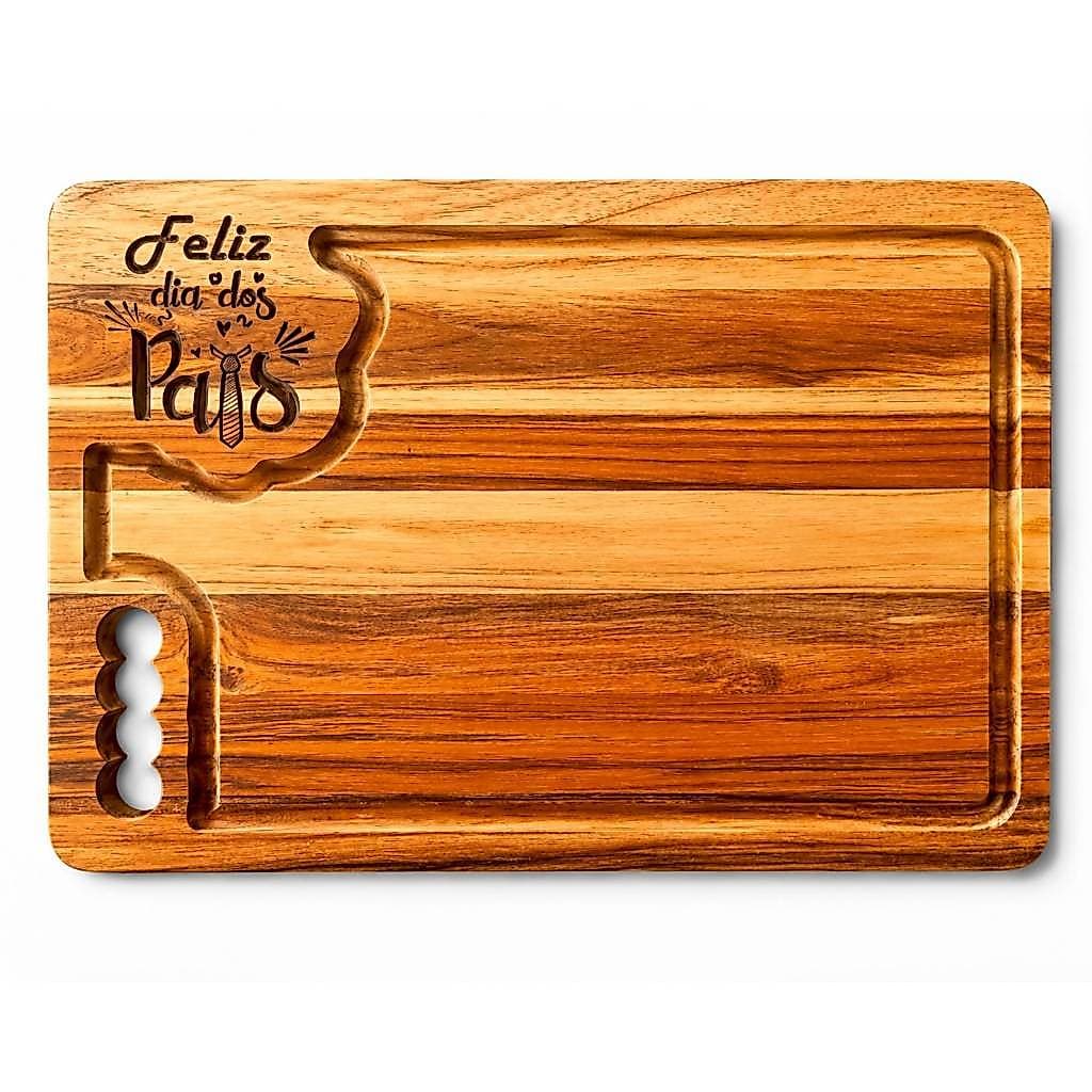 Tábua de Churrasco Premium Madeira Teca Nobre 42x28x2 cm | Emblema "Feliz dia dos Pais” em Alto Relevo |