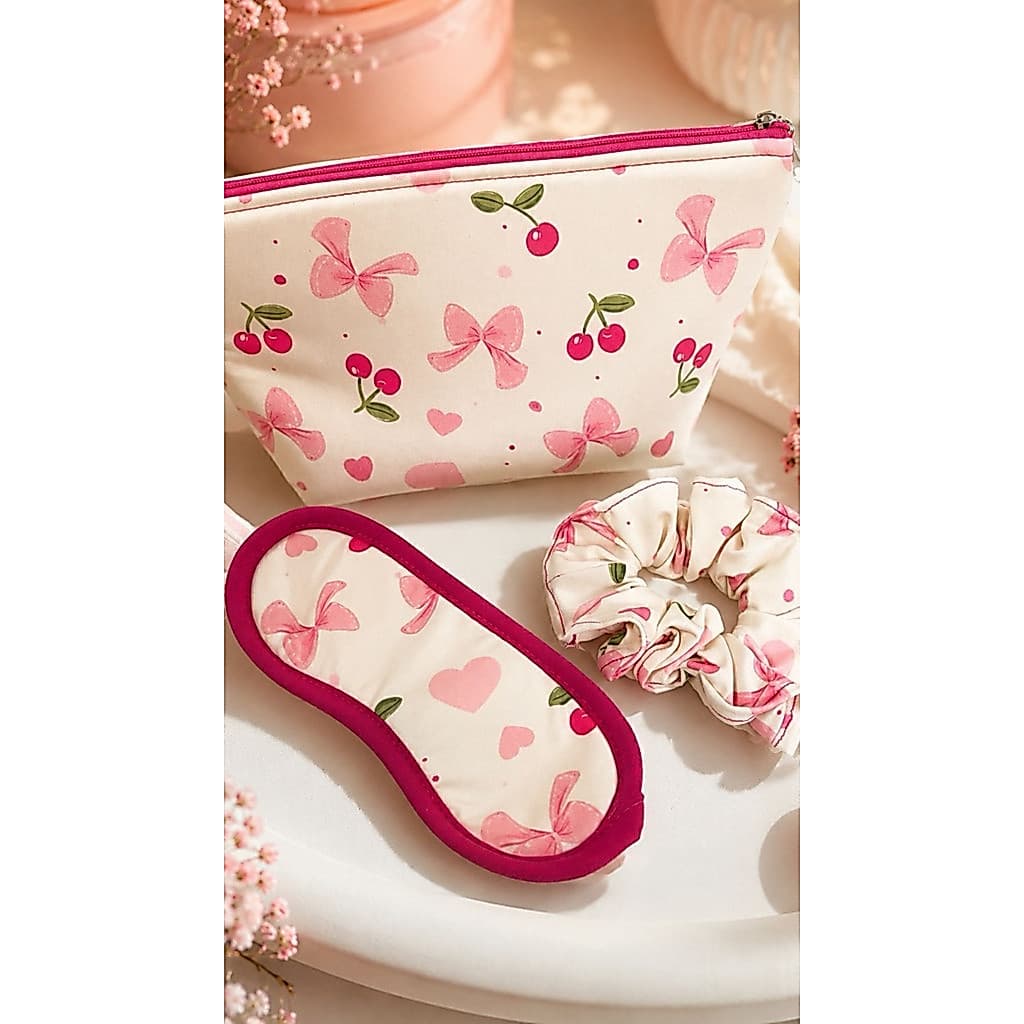 KIT DE NECESSAIRE, TAPA OLHOS E SCRUNCHIE CEREJA