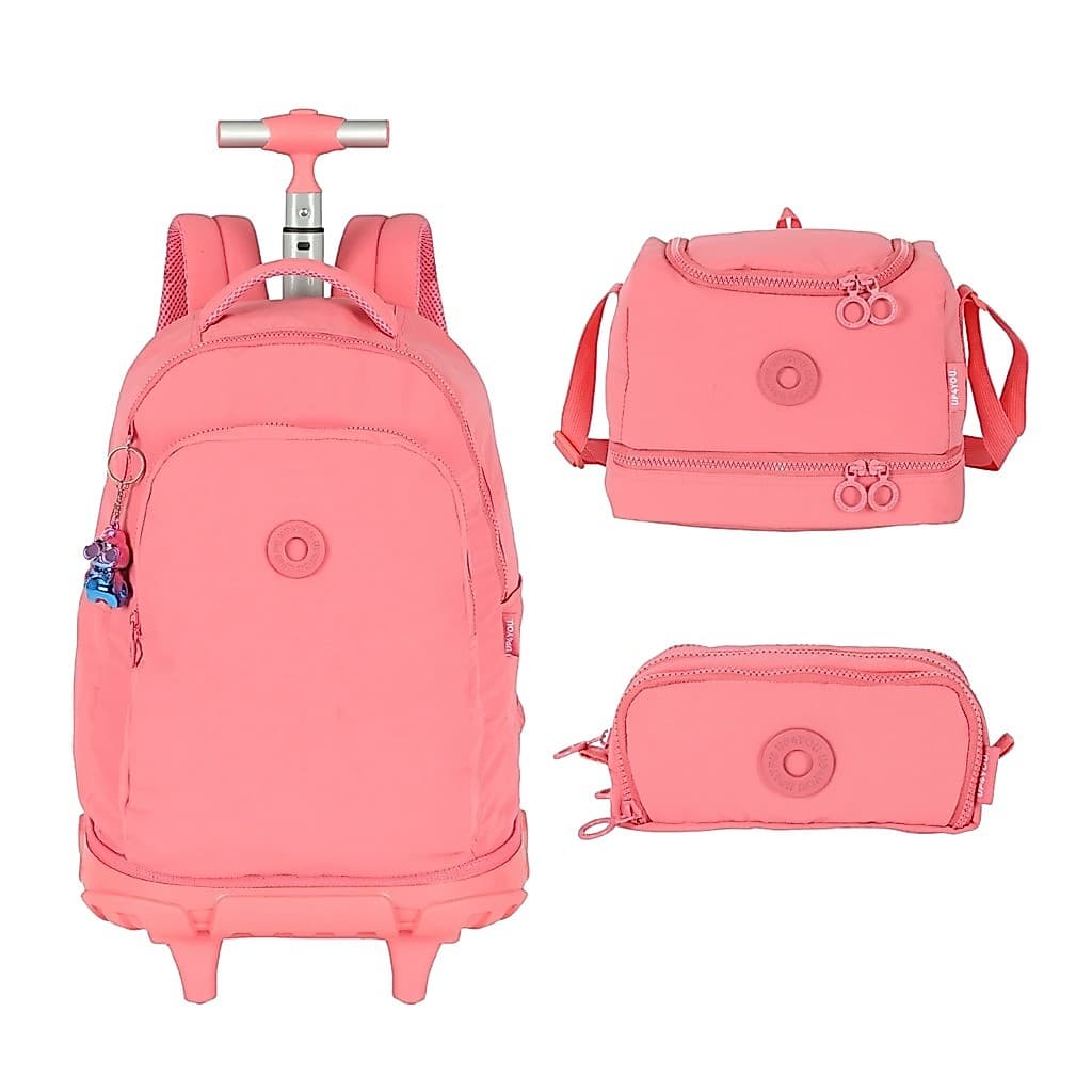 Kit Mochila Rodinhas Estojo Triplo Lancheira Escolar Infantil Salmão UP4YOU