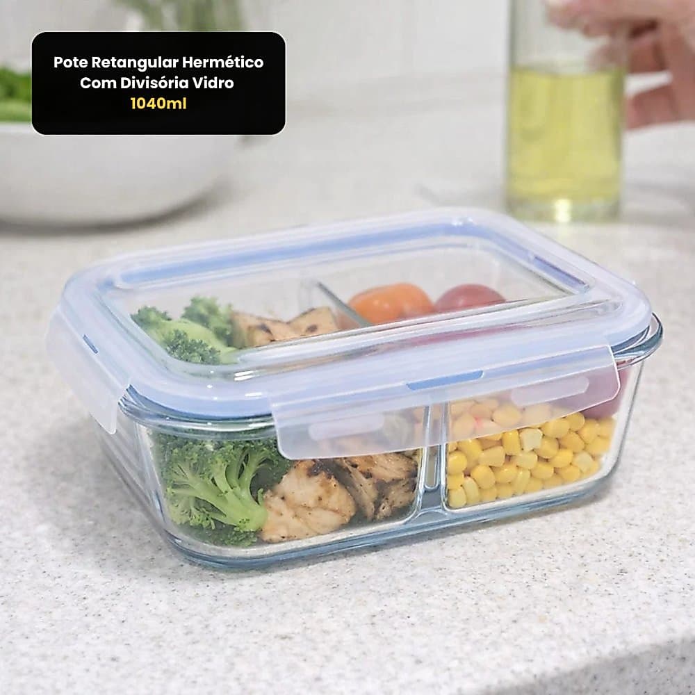 Pote Vidro Hermético Divisória 1040ml Marmita Fit Resistente Forno Freezer Organização Cozinha Único