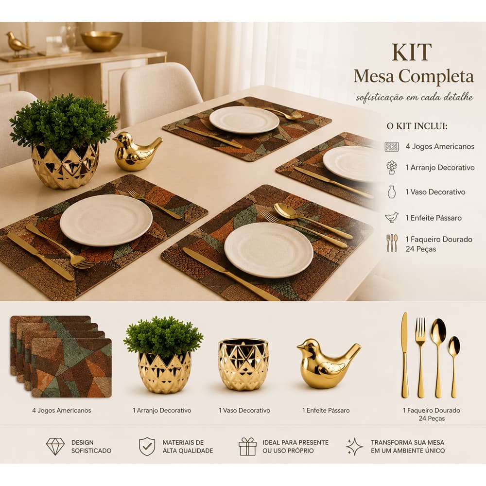 kit Decoração de Mesa Jogo Americano Talheres Vaso