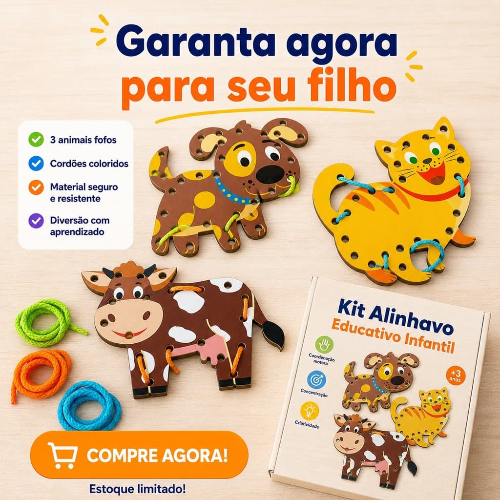 Kit 3 Alinhavos Animais Brinquedo Pedagogico Cachorro Gato Vaca Pedagógico Educativo Infantil