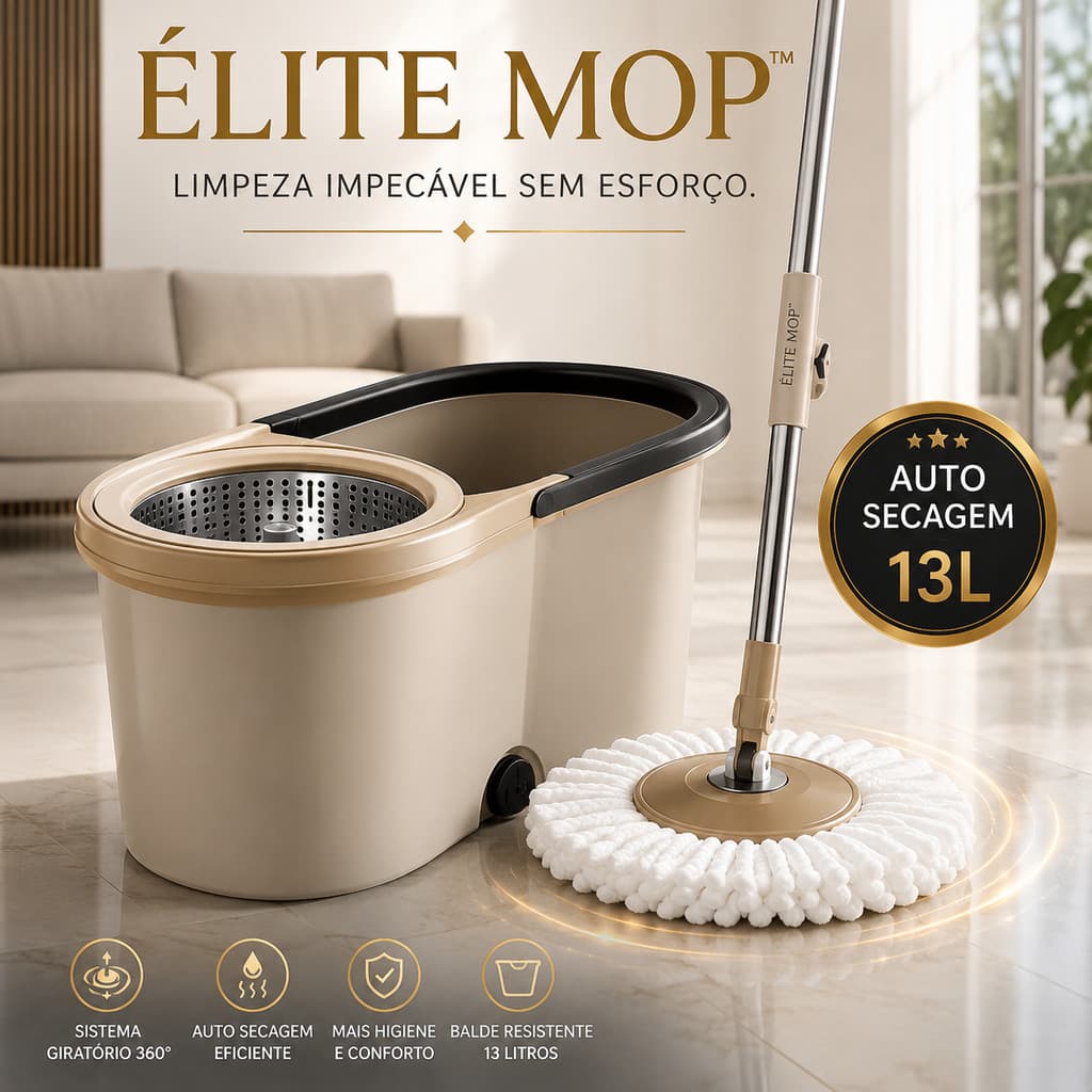 Bellavita Mop Giratório Com Balde 13L Inox Auto Secagem Esfregão Limpeza Prática 360°