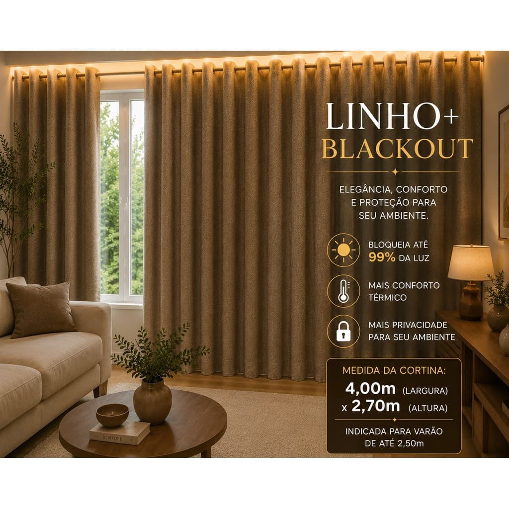Cortina Blackout 100% 4,00x2,70m em Linho Premium para Varão