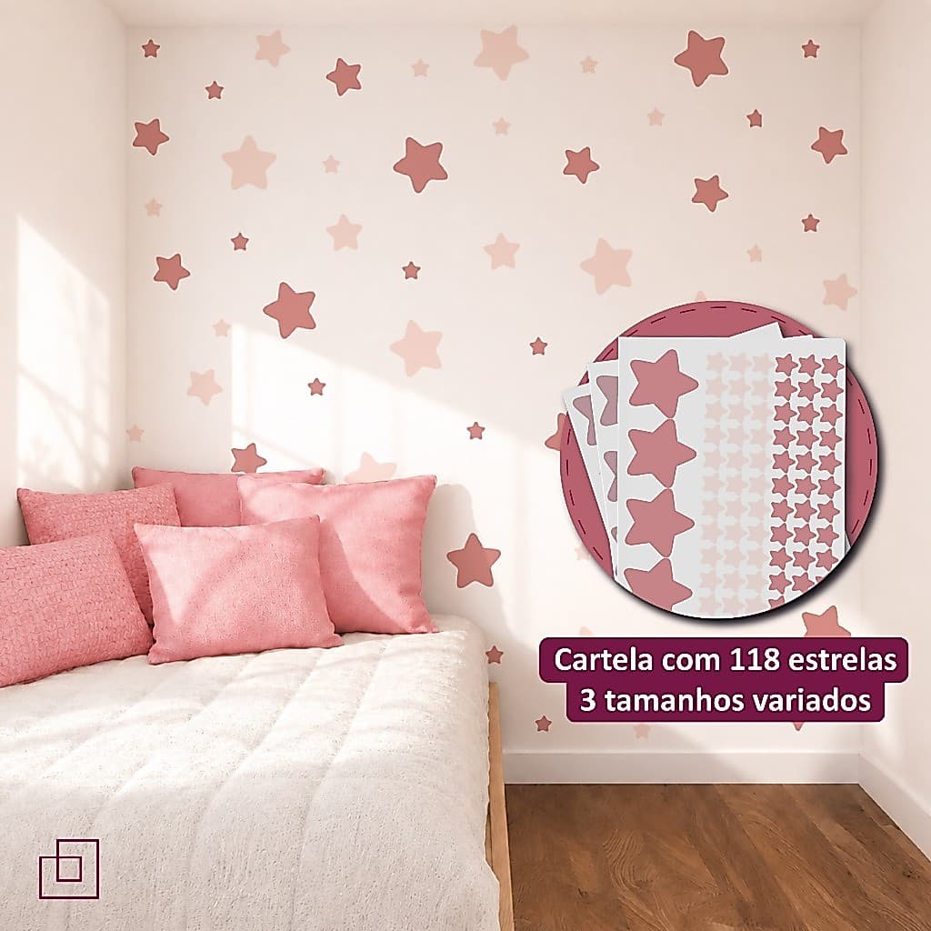 118 Adesivo Para Parede Estrelas Rosa, Estrelinhas, Decoração Quarto Infantil, Papel Parede Estrelas
