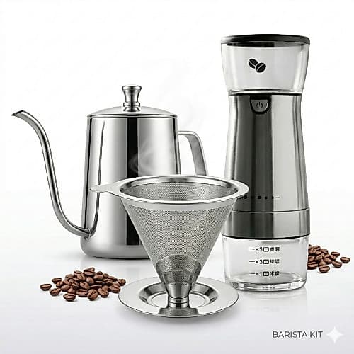Kit Café Barista Completo Inox: Moedor + Filtro + Chaleira