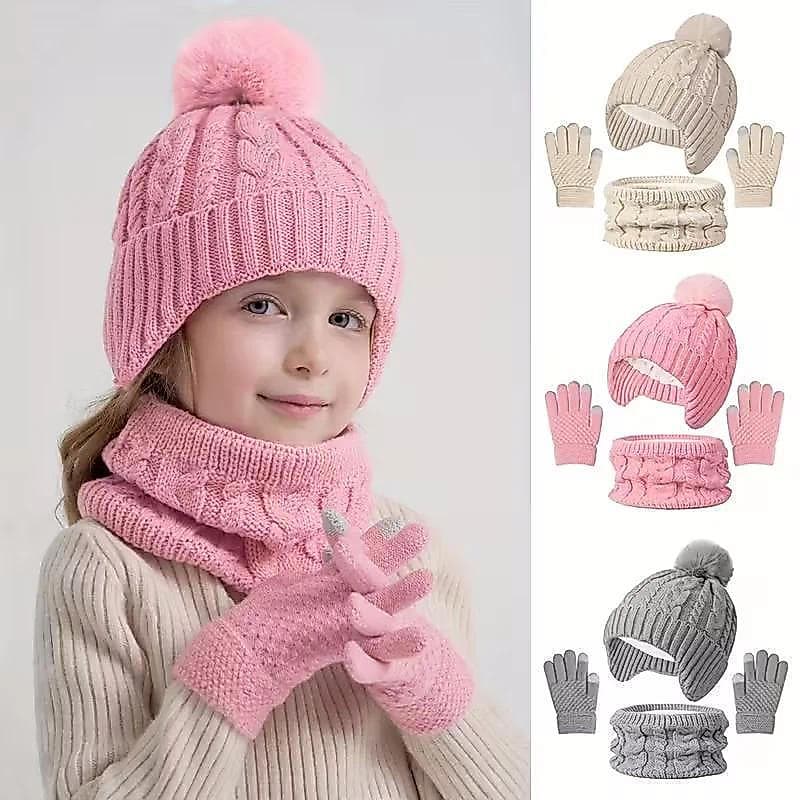 3 Pçs/set Crianças Chapéu Cachecol Luvas Inverno Pelúcia Veludo Malha Chapéus Para Meninas Meninos Bonito Pompom Gorro A