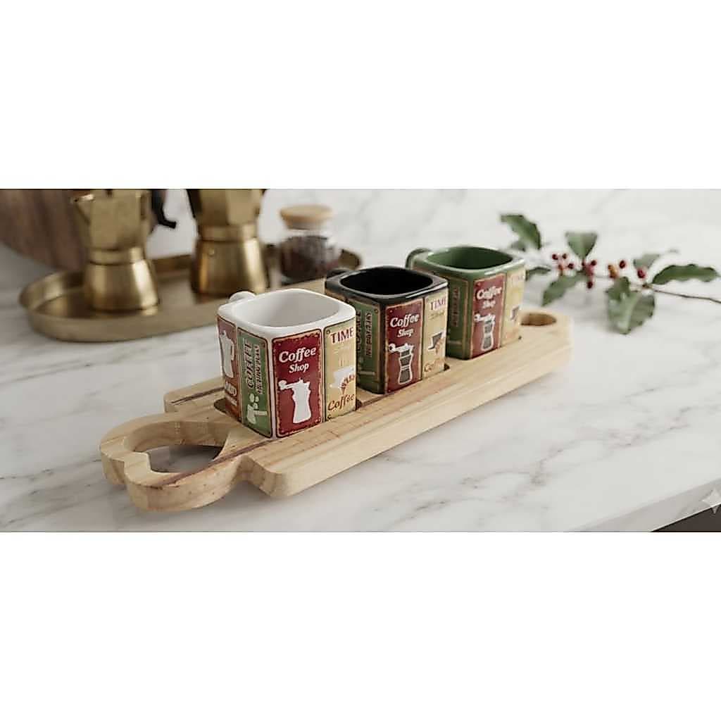 Kit 3 Canecas Quadradas Coloridas em Porcelana + Bandeja Petisqueira Pinus com alça Coração