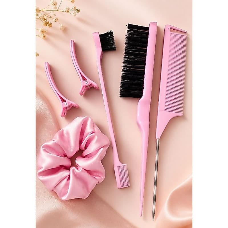 Kit Escovas para Baby Hair e Penteado Rosa com Escova Dupla, Pente de Cabo Fino, Presilhas e Xuxa de Cetim
