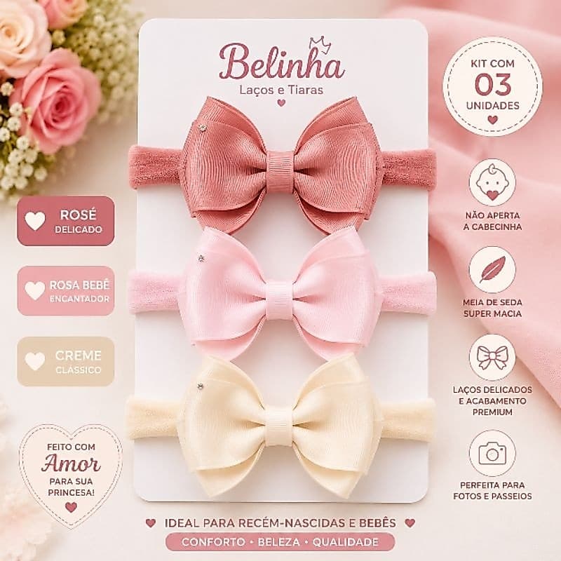 Faixinhas para Bebê Menina com Laços Luxo Rosé Rosa Bebê e Creme Faixa Meia de Seda Confortável Kit com 03 Faixinhas