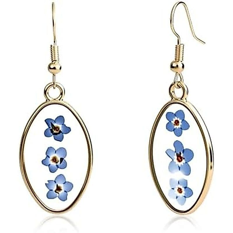 Brincos Pendurados Prensados Forget Me Not Flower Para Mulheres-Planta Floral Exclusiva