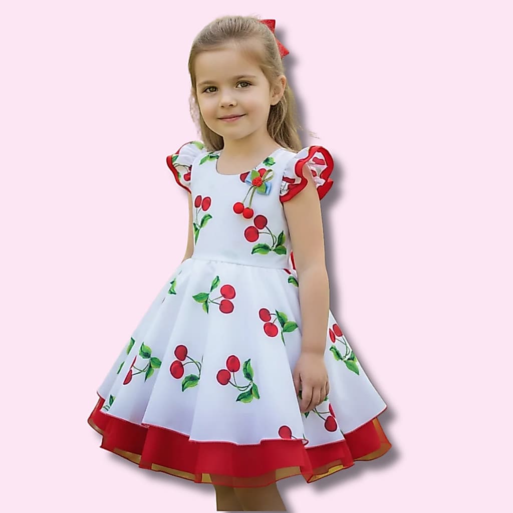 Vestido Infantil Cereja Estampado Temático Festa Princesa
