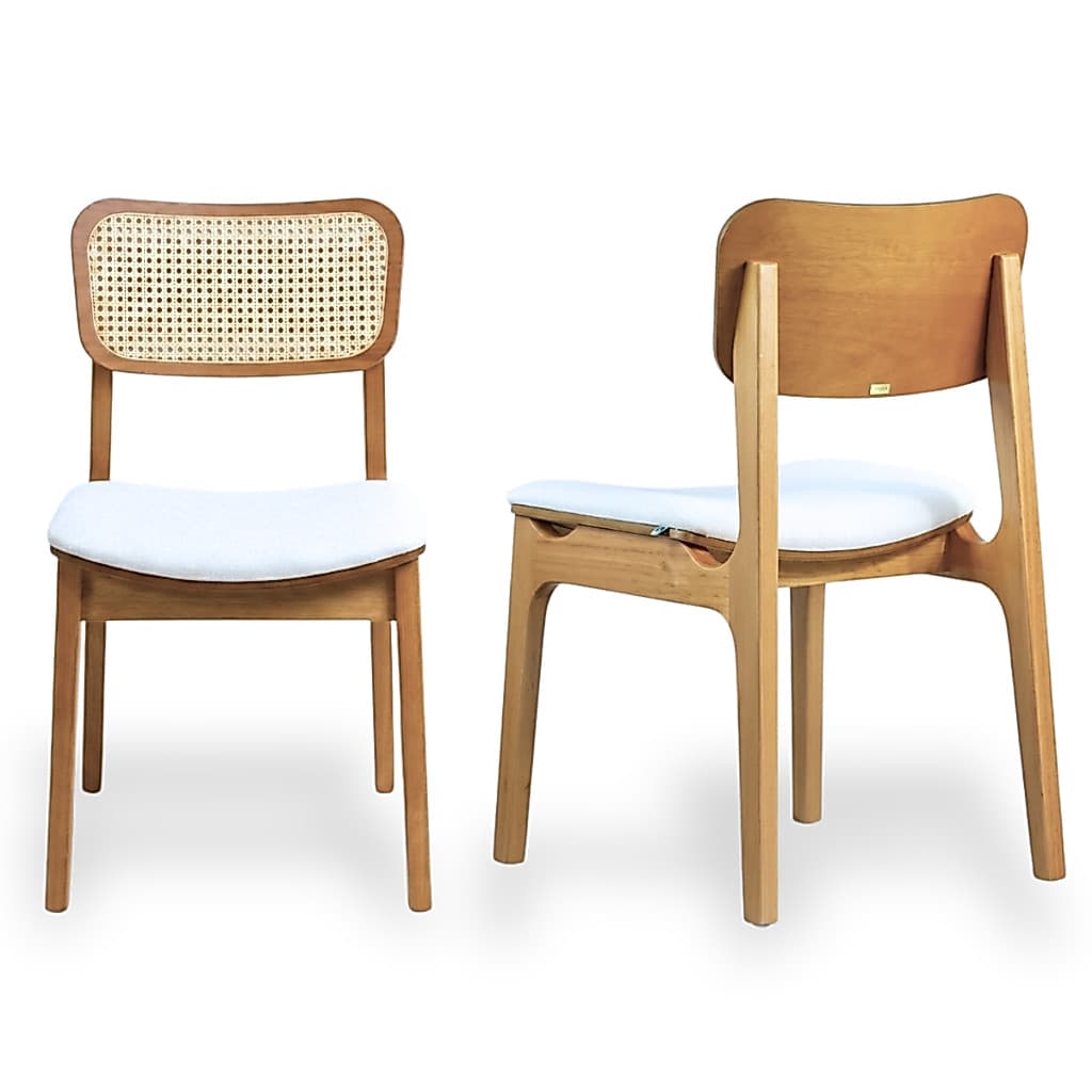 Kit Cadeiras Área Gourmet Para Sala De Jantar Em Madeira Maciça Linho Branco Encosto Rattan Estofada