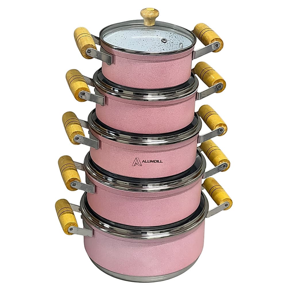 Jogo Conjunto KIt de Panela 5 Peças Rafaela Rosa com Revestimento Cerâmico Branco Tampa Vidro