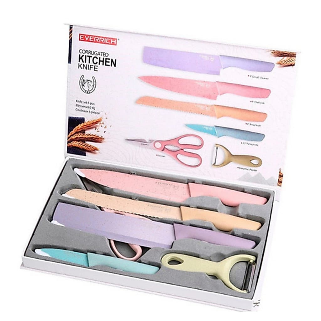 Kit de Conjunto Facas Coloridas Tesoura Descascador Cozinha Gourmet 6 Peças