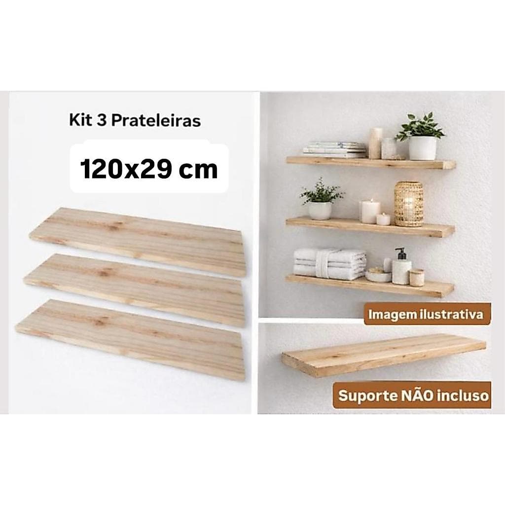 Prateleira de madeira, Pinus, Tabua, 120cm x 29cm, kit com 3