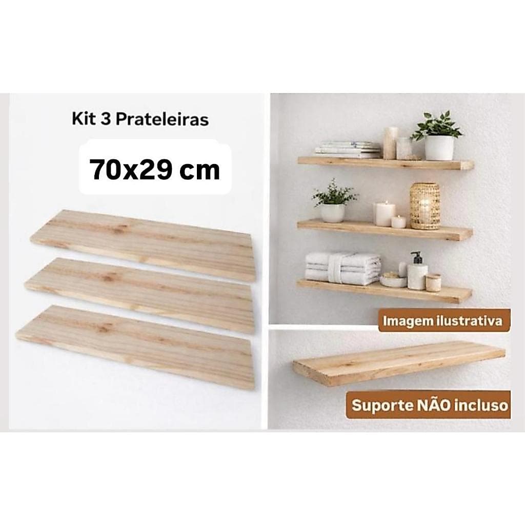 Prateleira de madeira, Pinus, Tábua, 70cm x 29cm, Natural, kit com 3 unidades