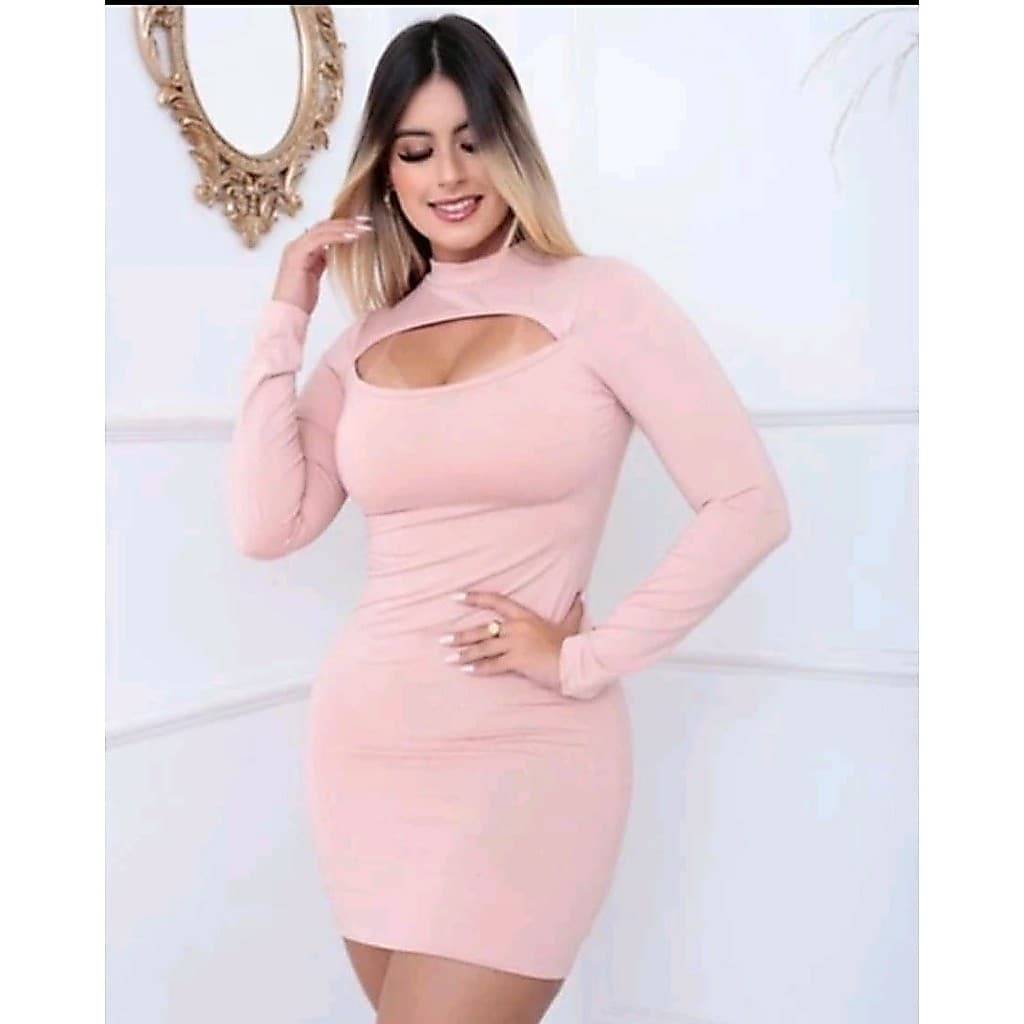 Vestido vazado manga longa com gola alta suplex ofertas