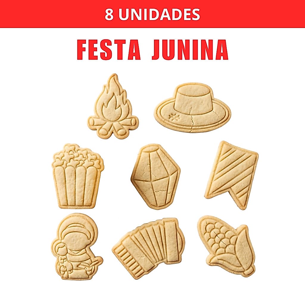 Kit 8 Cortadores e Carimbos de Biscoito de Festa Junina com Puxador Profissional